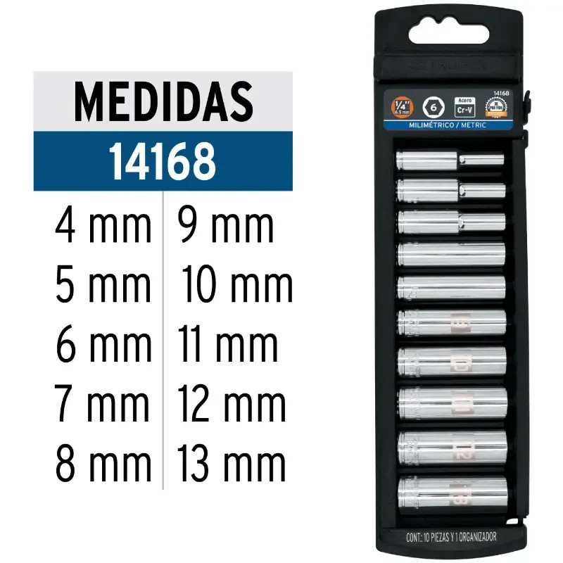 Juego de dados 10 Piezas Tubulares Milimetrico 4 mm a 13 mm, Encastre 1/4", acero al cromo vanadio, JD-1/410LM 14168 Truper