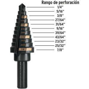 Brocas Escalonada HSS 11 Escalones 1/4"-7/8" x78mm, Truper 101457