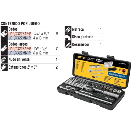 Juego de dados 22 Piezas Milimetrico con Estuche de Plastico, Encastre 1/4", JD-1/4X22MM-P 23980 Pretul