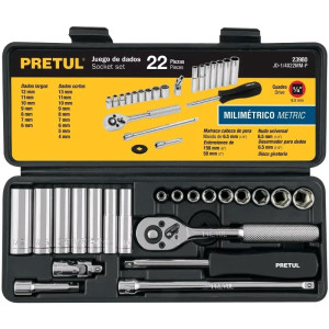 Juego de dados 22 Piezas Milimetrico con Estuche de Plastico, Encastre 1/4", JD-1/4X22MM-P 23980 Pretul