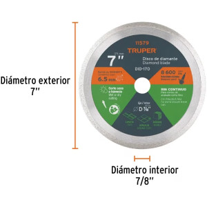Discos Diamantados 7" continuos Fino, 2.2mm, DDT-804C 11579 Truper