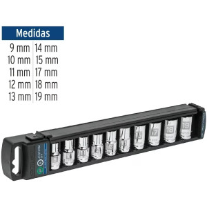 Juego de dados 10 Piezas cortos Milimetrico, Encastre 1/2", acero al cromo vanadio, JD-1/2X10M 14177 Truper