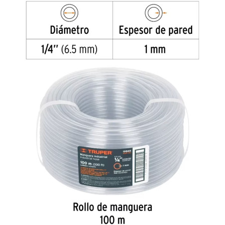 Manguera Industrial 1/4" Espesor 1mm, 100 Metros Peso 2.9Kg, MAN-3/4I 19865 Truper