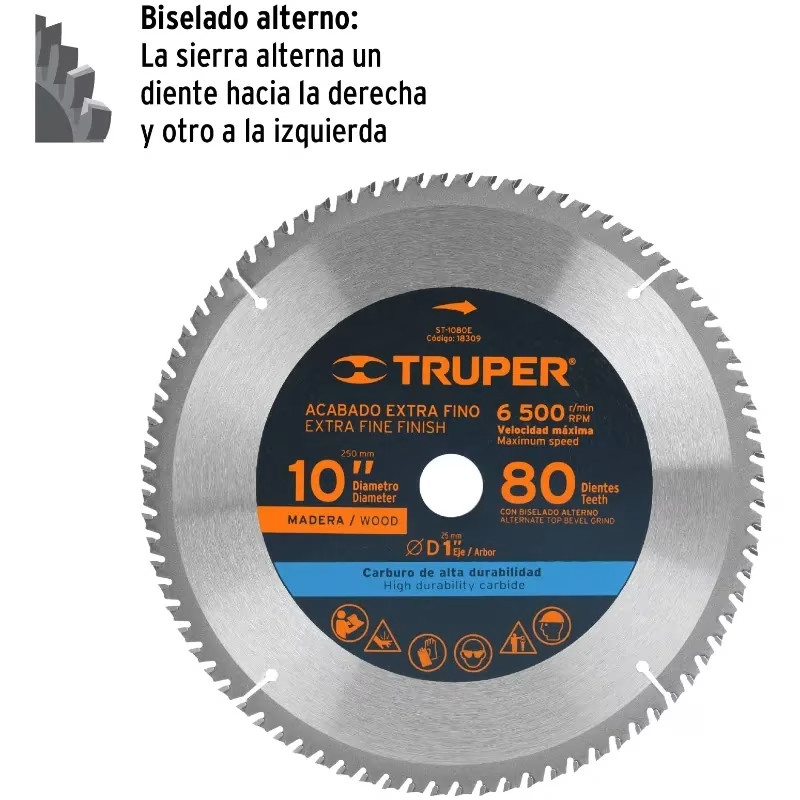Discos Sierra para Madera 10" Centro 1", 80 Dientes de carburo de tungsteno, ST-1080E 18309 Truper