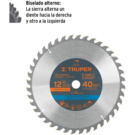 Discos Sierra para Madera 12" Centro 1", 40 Dientes de carburo de tungsteno, ST-1240E 18311 Truper
