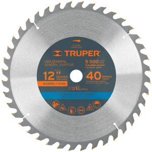Discos Sierra para Madera 12" Centro 1", 40 Dientes de carburo de tungsteno, ST-1240E 18311 Truper