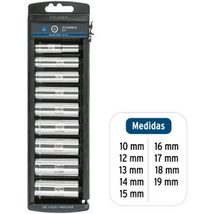 Juego de dados 9 Piezas tubulares Milimetrico 10 mm a 19 mm, encastre 3/8", estuche de Plastico, JD-3/8X9LM 14173 Truper