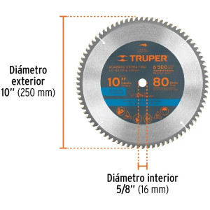 Discos Sierra para Aluminio 10" Centro 5/8", 80 Dientes de carburo de tungsteno, ST-1080A 18310 Truper