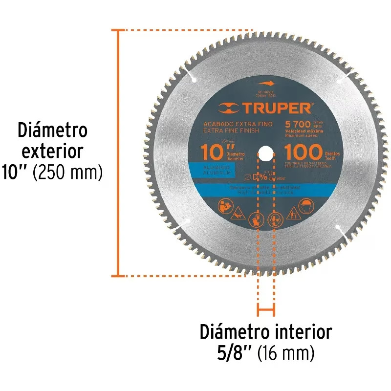 Discos Sierra para Aluminio 10" Centro 5/8", 100 Dientes de carburo de tungsteno, ST-10100A 18313 Truper