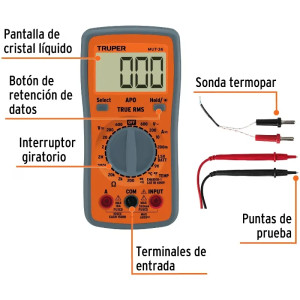 Multitester Digital MUT-50A 10A APO diodo continuidad 3AAA, Truper 100360