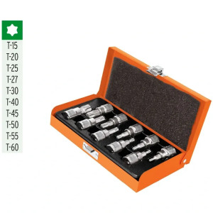 Juego de dados Punta Torx 10 Piezas, encastre 3/8", en acero al cromo vanadio con estuche metalico, JPT-3/8X10 13976 Truper