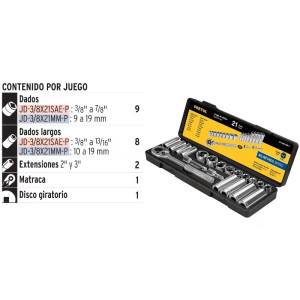 Juego de dados Mixto 21 Piezas Milimetrico con Estuche de Plastico, Encastre 3/8", JD-3/8X21mm-P 21191 Pretul
