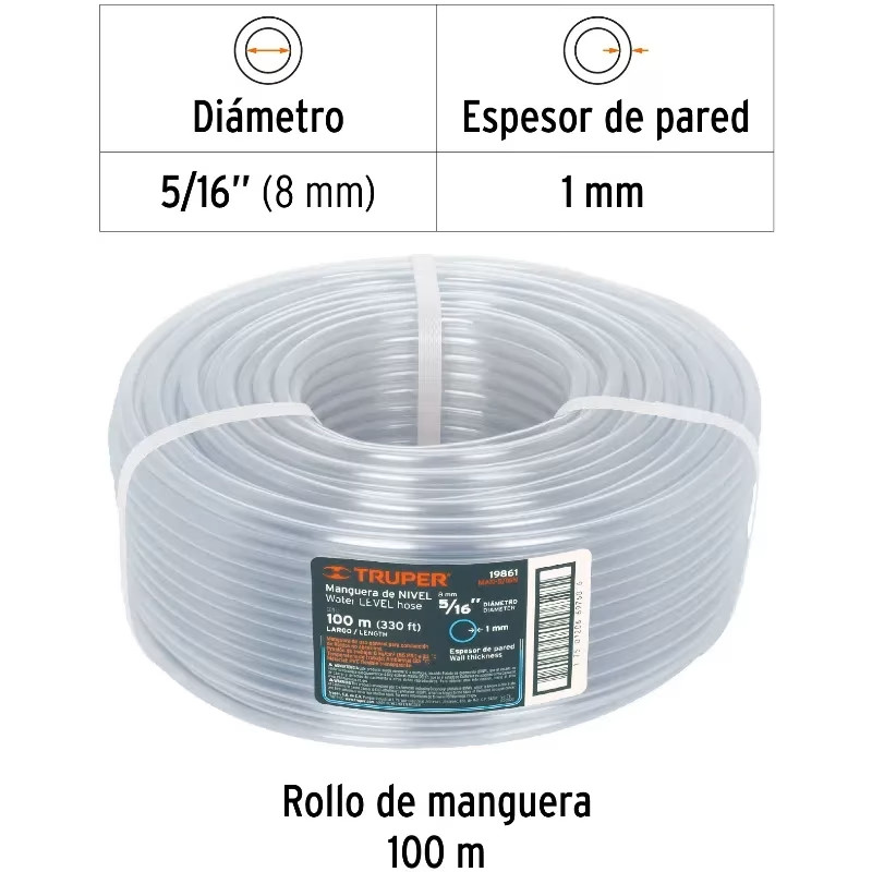 Manguera de Nivel 5/16" Espesor 1mm, 100 Metros Peso 3.5Kg, MAN-5/16N 19861 Truper