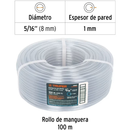 Manguera de Nivel 5/16" Espesor 1mm, 100 Metros Peso 3.5Kg, MAN-5/16N 19861 Truper
