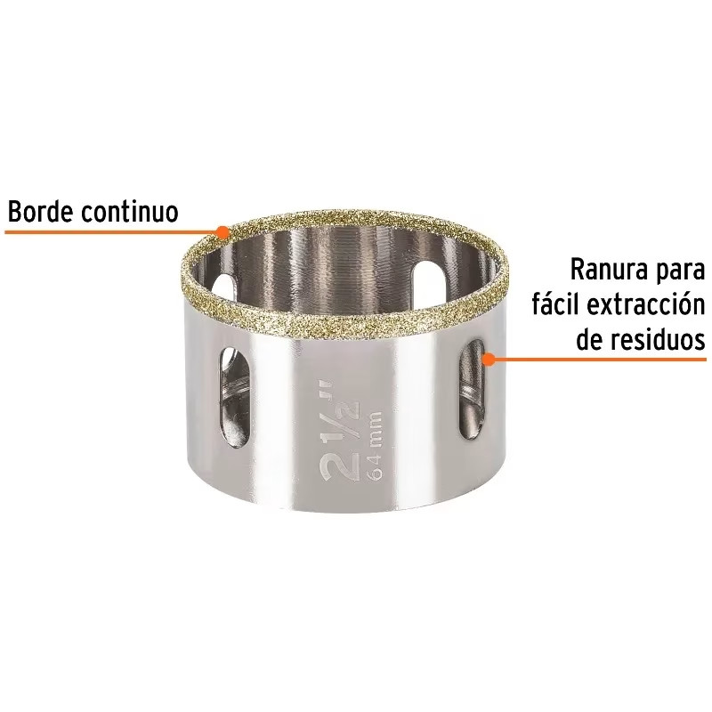 Sierra de copa 2 1/2" o 63.5mm, con borde de diamante, alto rendimiento, cortes finos y rapidos, COAZ-2-1/2 17134 Truper