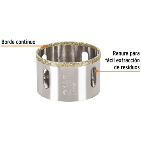 Sierra de copa 2 1/2" o 63.5mm, con borde de diamante, alto rendimiento, cortes finos y rapidos, COAZ-2-1/2 17134 Truper
