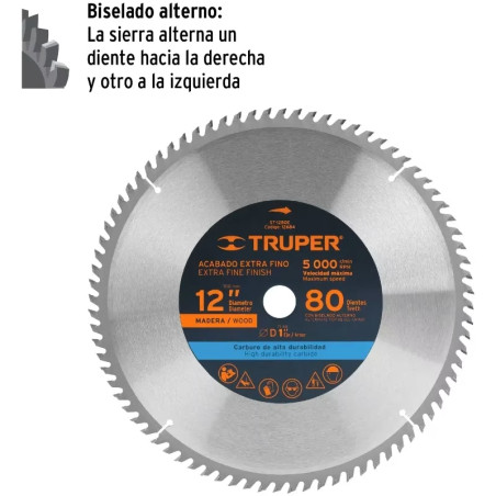 Discos Sierra para Madera 12" Centro 1", 80 Dientes de carburo de tungsteno, ST-1280E 12684 Truper