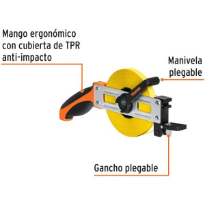 Wincha Metalica, Tipo Cruceta 50 Metros, Mango Ergonomico, CRUCE-50 12649 Truper