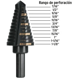 Brocas Escalonada HSS 12 Escalones 7/16"-1-1/8" x79mm, Truper 101458