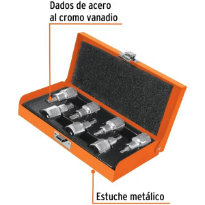Juego de dados Punta Torx 7 Piezas, encastre 1/2", acero al cromo vanadio, JPT-1/2X7 13928 Truper