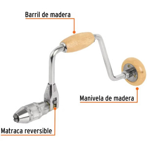 Berbiqui Profesional 12" Perilla de Madera, Taladro Manual, Tipo Ratchet, Truper 10970