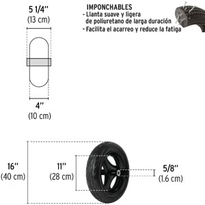 Llanta completa Imponchanble Reforzada 16 x 4", doble rodaje Incluye rin eje y baleros, RN-X 19658 Truper
