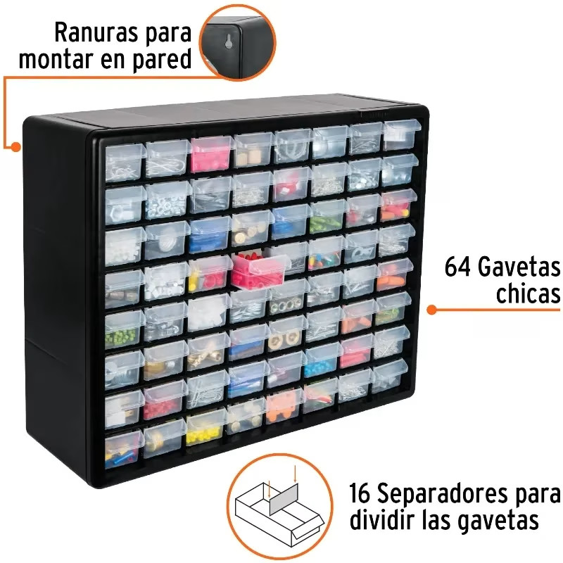Organizador 20" con 64 Gavetas 51x40x16cm Compartimientos ABS, Truper 10895