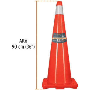 Conos de Precaucion 90 cm con Reflejante 10 cm de PVC, Resistente a Impactos, Peso 3.7 kg, CONO-90R 13127 Truper