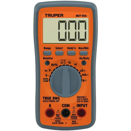 Multitester Digital MUT-50A True RMS 10A APO diodo continuidad 3AAA, Truper 100361