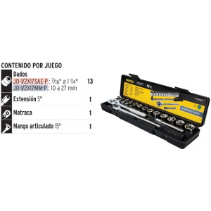 Juego de dados Mixto 16 Piezas Milimetrico con Estuche de Plastico, Encastre 1/2", JD-1/2X17mm-P 21174 Pretul