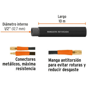 Manguera para compresor de Alta Presion de Hule 1/2" Conector Movil 10 m, MAN-AP-10-1/2 17085 Truper