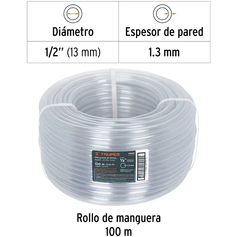 Manguera de Nivel 1/2" Espesor 1.1mm, 100 Metros Peso 6Kg, MAN-1/2N 19863 Truper