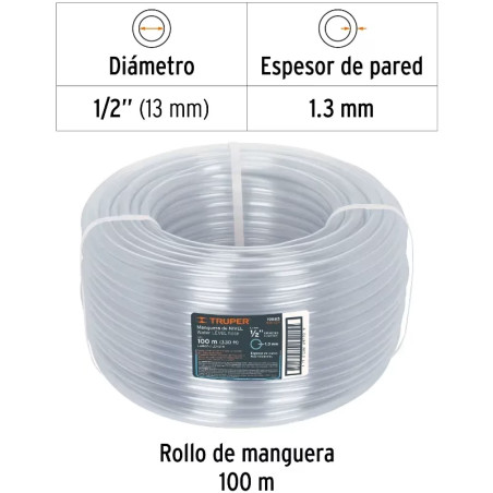 Manguera de Nivel 1/2" Espesor 1.1mm, 100 Metros Peso 6Kg, MAN-1/2N 19863 Truper