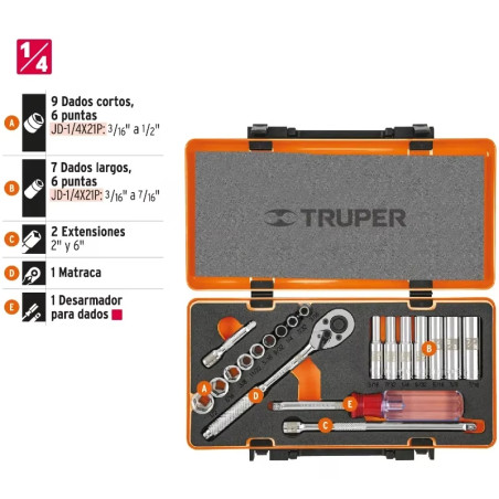 Juegos de Herramientas 20 piezas STD E1/4 EM Truper 13980