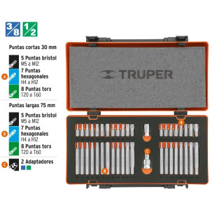 Juegos de 42 Piezas Bristol Allen Torx Hexagonales L30-75mm E1/2-3/8 EM Truper 17809