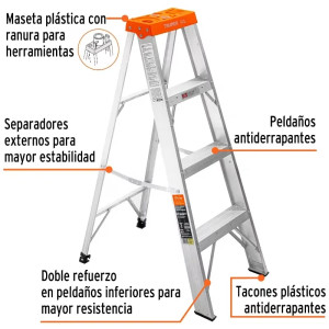 Escaleras de Tijera 4 Peldaños T2 Max2.4m P4kg Aluminio, Truper 10435