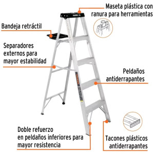 Escaleras Tijera 4 Peldaños con Bandeja T3 Max2.7m P4.8kg EAluminio, Truper 16742