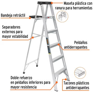 Escaleras Tijera 5 Peldaños con Bandeja T3 Max3m P5.4kg EAluminio, Truper 16743