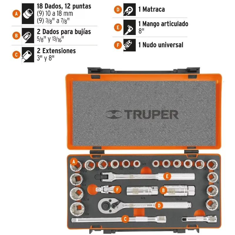 Juegos de Herramientas 25 piezas Mixto STD MM E3/8 EM Truper 13954