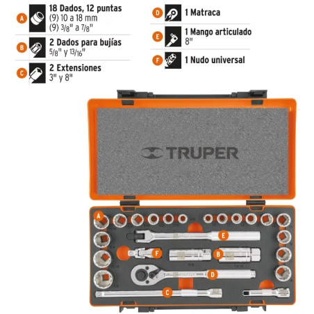 Juegos de Herramientas 25 piezas Mixto STD MM E3/8 EM Truper 13954