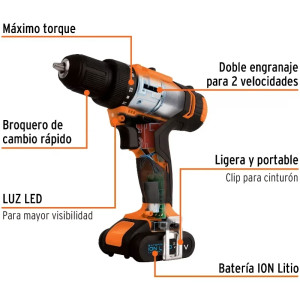 Taladro Inalambrico 3/8" 12V 1200RPM 13Nm Velocidad Reversible, TALI-12A2-2 11010 Truper