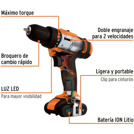 Taladro Inalambrico 3/8" 12V 1200RPM 13Nm Velocidad Reversible, TALI-12A2-2 11010 Truper
