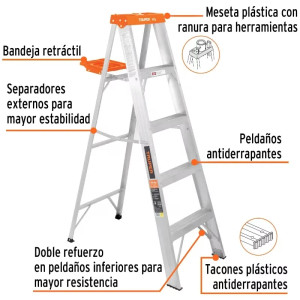 Escaleras Tijera 4 Peldaños con Bandeja T2 Max2.7m P5.1kg EAluminio, Truper 10264