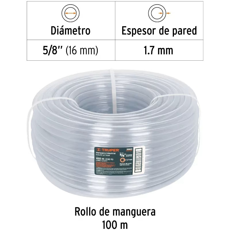 Manguera Industrial 5/8" Espesor 2mm, 100 Metros Peso 14Kg, MAN-5/8I 19869 Truper
