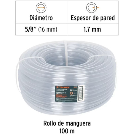 Manguera Industrial 5/8" Espesor 2mm, 100 Metros Peso 14Kg, MAN-5/8I 19869 Truper
