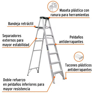 Escaleras Tijera 6 Peldaños con Bandeja T3 Max3.4m P6.4kg EAluminio, Truper 10437
