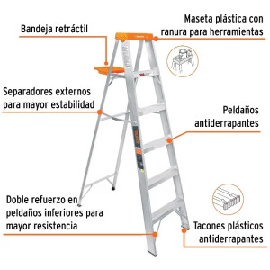 Escaleras Tijera 5 Peldaños con Bandeja T2 Max3m P5.7kg EAluminio, Truper 10335
