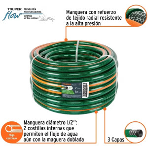 Manguera Reforzadas 3 CAPAS 1" Espesor 3.4mm, Pres Max Reventar 199PSI, 50 Metros 42Kg, MAN-1R 19875 Truper