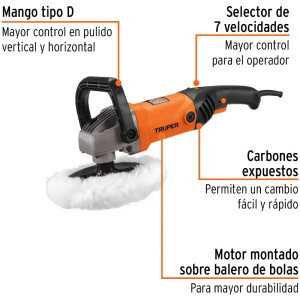 Pulidora 7" 1200W Velocidad Regulable 600 - 3000RPM, Incluye accesorios, PULA-7A3-2 16713 Truper