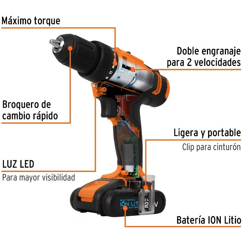 Taladro Inalambrico 1/2" 18V 1400RPM 18Nm Velocidad Reversible, TALI-18A2-2 11011 Truper